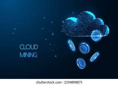 Concepto de minería en la nube, ganancia de dinero con nubes y caída de monedas en estilo futurista en azul oscuro