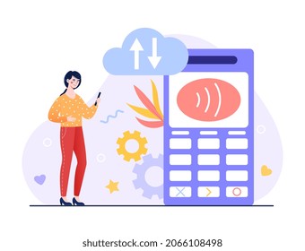 Concept of cloud POS. Contactless payment. Transfer of money via Internet. Terminal, internet shop, store, market. Point of sale, banking system, modern technologies. Cartoon flat vector illustration