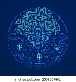 concept of cloud security or cyber security, graphic of cloud shape combined with electronic pattern and futuristic interface