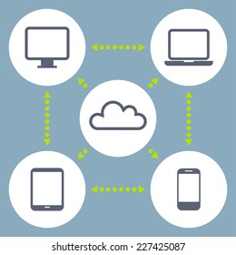 Concept of cloud service and mobile devices. Process of upload and download. Flat design. Vector illustration