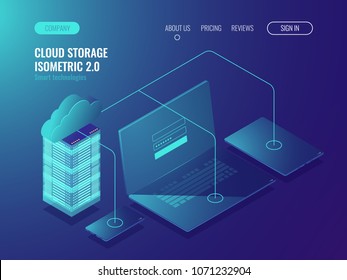 Concept Of Cloud Storage, Data Transfer. Server Room, Big Data Center Isometric Vector