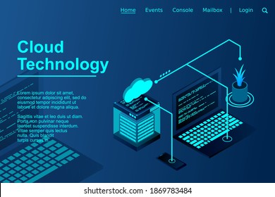 Concept of cloud storage, data transfer with laptop and smartphone. Server room, big data center isometric, vector illustration