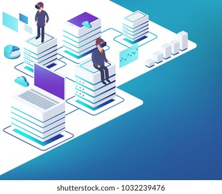 Concept of cloud storage and data transmission technology, virtual reality with business people.
