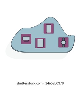 Concept of cloud storage in the form of a blue object, information icons, server information storage, foil, contacts