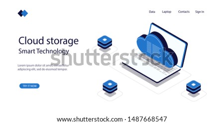 Concept cloud storage, transfer data with help cloud, modern smart technology, laptop with geometric objects, download data by internet. Vector illustration on white isolated background.