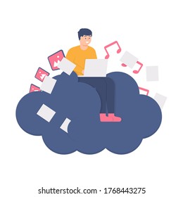 the concept of cloud storage, uploading and downloading. illustration of a man using a laptop and sitting in the middle while sending all the image files, documents and music to the cloud. flat design
