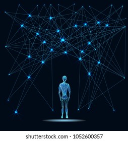 Concept of cloud technology and digital man. Futuristic connected line. Polygonal vector.