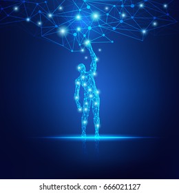 Concept Of Cloud Technology, Digital Man Reaching Futuristic Connected Line