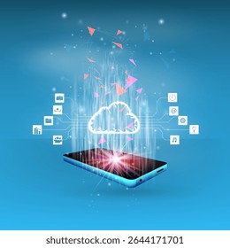 O conceito de tecnologia em nuvem funciona em conjunto com a tecnologia para ajudar a enviar e receber informações através da máxima eficiência,Ilustração em vetor estilo fantástico,Conceito de tecnologia em nuvem