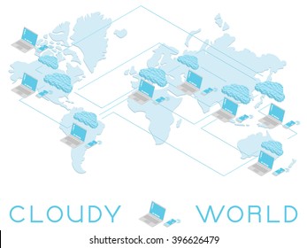 The concept of the cloud world. Computers are connected by a single network symbolizing the world of business and internet processes.