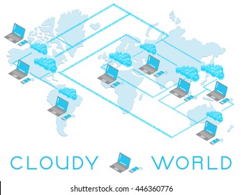 The concept of the cloud world. Computers are connected by a single network symbolizing the world of business and internet processes. Servers are shown in the form of a cylinder.