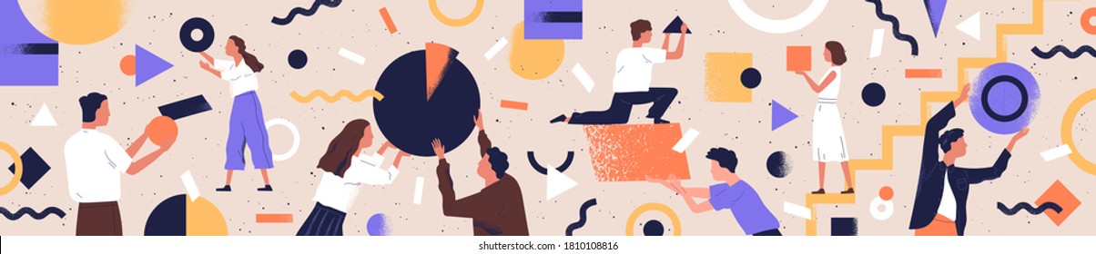 Concept of co working, business partnership, analytics or teamwork. Colleagues work together. Flat vector textured illustration of horizontal background with abstract people and geometrical shapes