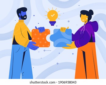 Concept of co working, business partnership, solution, analytics or teamwork. Colleagues work together. Flat design illustration with abstract people and geometrical shapes. Vector Illustration