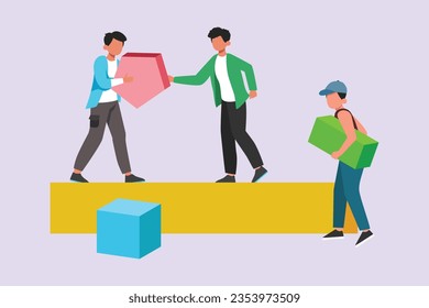 Concept of co working, business partnership, analytics or teamwork. Colleagues work together with geometrical shapes. Colored flat vector illustration isolated. 