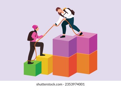 Concept of co working, business partnership, analytics or teamwork. Colleagues work together with geometrical shapes. Colored flat vector illustration isolated. 