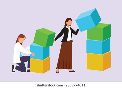 Concept of co working, business partnership, analytics or teamwork. Colleagues work together with geometrical shapes. Colored flat vector illustration isolated. 