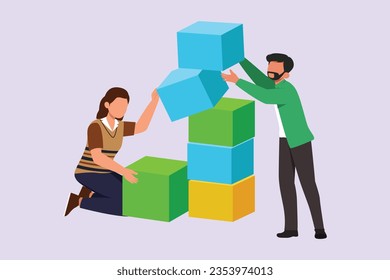 Concept of co working, business partnership, analytics or teamwork. Colleagues work together with geometrical shapes. Colored flat vector illustration isolated. 
