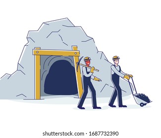 Concepto De Minería De Carbón, Industria De Extracción. Los Trabajadores Están Minando Carbón A Través De Herramientas Y Llevándolo De Mi Carro A La Galería O Planta. Estilo plano de contorno lineal de dibujo. Ilustración vectorial