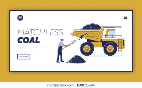 Concept Of Coal Mining. Website Landing Page. Worker Is Loading Coal In The Back Of The Truck For Further Delivery To Warehouses And Plants. Web Page Cartoon Linear Outline Flat Vector Illustration