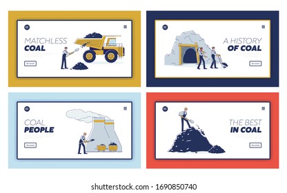 Konzept des Kohlebergbaus. Website Landing Page. Die Arbeit der Besatzung von Bergkohle ist die Ausrüstung für die weitere Lieferung an das Wärmekraftwerk. Vektorgrafik-Set für Vektorgrafiken auf Webseiten Linear Outline