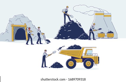 Concept Of Coal Mining. Work Crew Is Mining Coal Together By Means Equipment And Transport For The Further Delivery To The Thermal Power Plant. Cartoon Linear Outline Flat Style. Vector Illustration