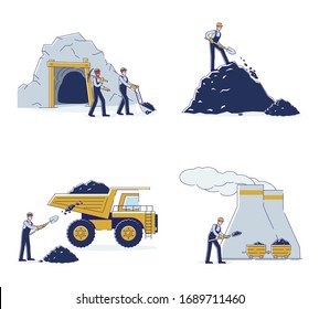 Concept Of Coal Mining. Work Crew Mine Coal By Means Equipment And Transport For Further Delivery To The Thermal Power Plant And Warehouse. Cartoon Linear Outline Flat Style. Vector Illustrations Set