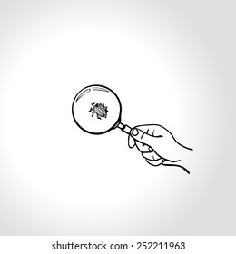 Concept: code bug. Watching a bug with magnifying glass, Hand with magnifying glass is searching for computer bug. Vector illustration