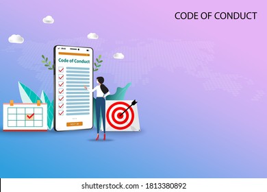 Concept of code of conduct, business woman wear a medical white face mask and standing in front of a big smartphone that the display contain list of code of conduct to read and understand each topic.