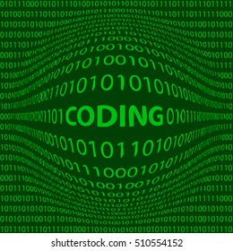 concept, coding, matrix style background with a bulge word coding in the foreground and crumbling the numbers one and zero, the bits and bytes of green color, vector illustration for print or website