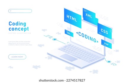 Concept of coding. Software development, programming and data processing. Landing page design. Correction of errors in programs, website and applications. Cartoon isometric vector illustration