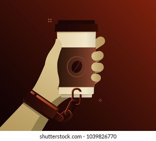 Concept of coffee addiction. Coffee is chained to the hand on a brown background. Flat design, vector illustration.