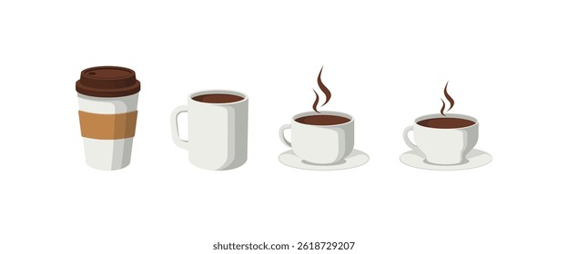Concept Coffee collection. A set of flat, cartoon-style illustrations showcasing a collection of various coffee drinks with colorful designs, all presented on a white background. Vector illustration.