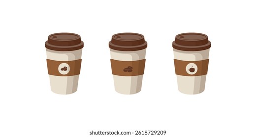 Concept Coffee collection. A set of flat, cartoon-style illustrations showcasing a collection of various coffee drinks with colorful designs, all presented on a white background. Vector illustration.