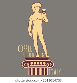 conceito de cultura do café na itália ou regras para o turista. criativo rei David estátua vetor beber xícara de café flat design art. viajar e descoberta italiano Fundo do café. boa ideia de guia de história