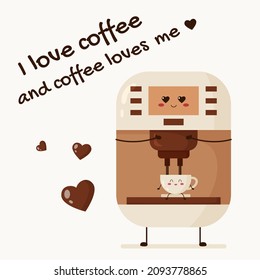Konzept des Kaffeeliebhabers. Drucken von süßen Kaffeemaschinen und Tassen-Zeichen und Text. Flache Vektorgrafik im Cartoon-Stil.