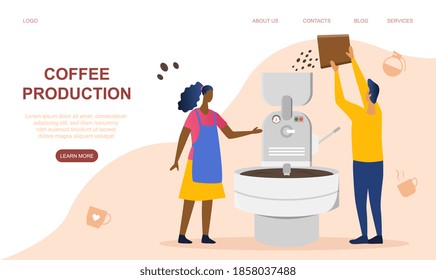 Concept of coffee production. Roasting, grinding beans and making beverage. Coffee industry and coffee shop business concept. Cartoon flat vector illustration. Website, web page, landing page template