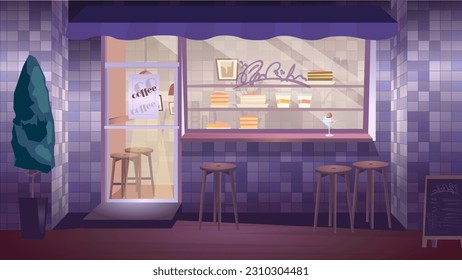 Concept Coffee shop. A flat, cartoon design background featuring a cozy coffee shop with various coffee-related items and seating arrangements. Vector illustration.