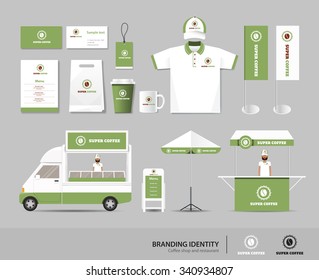 concept for coffee shop and restaurant branding identity mock up template. card .menu.t-shirt.car.umbrella.vector.corporate branding.green