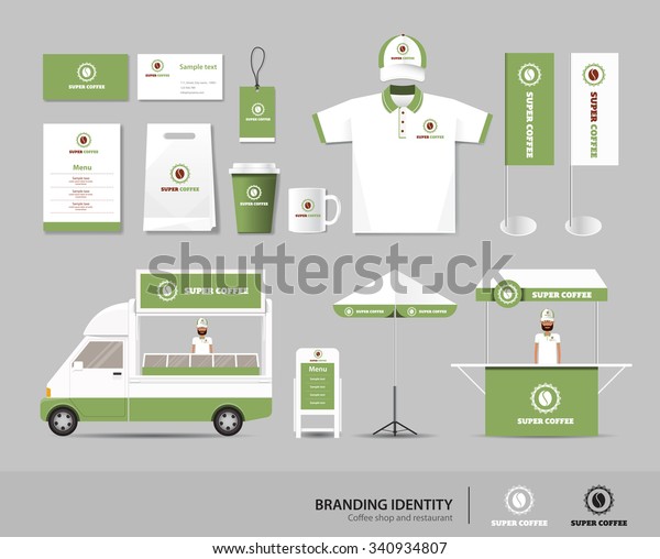 concept for coffee shop and restaurant\
branding identity mock up template. card\
.menu.t-shirt.car.umbrella.vector.corporate\
branding.green
