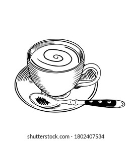 Concepto de café o té o capuchino con cuchara metálica en platillo. Esbozo de tinta negra figura de diseño de ilustraciones vectoriales para revista, sitio, embalaje, café.Aislado en blanco.