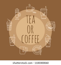 Concept with coffee and tea icons - cups, mugs, pots in line style. Cafe hot drinks thin line menu illustrations. Modern icons for tea shop and coffee house. Colorful template for your design.