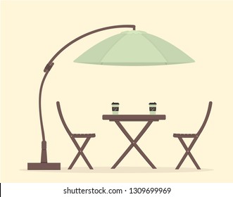 Concept of coffee time: wooden garden furniture or a set of furniture for the balcony: folding table with cardboard dusty emerald coffee Cups,chairs and sun protection umbrella. Vector illustration