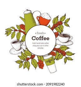Concept coffee vector illustration.  Coffee cups, beans and coffee tree illustration. Vintage design for coffee shop. Hand drawn vector illustration.