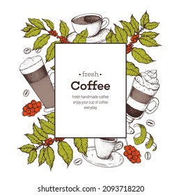 Concept coffee vector illustration. Coffee cups, beans and coffee tree illustration. Vintage design for coffee shop. Engraved vector illustration.