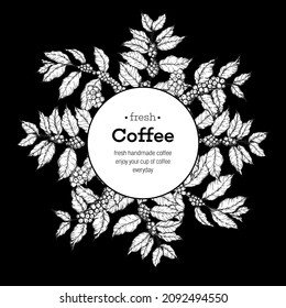Concept coffee vector illustration. Coffee plants frame illustration. Menu label with coffee plant and bean. Linear graphic.
