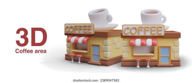 Concept of coffee zone. Place for breakfast, lunch break, rest. Set of colored buildings with chairs, sign, canopy. Vector object, front and side view