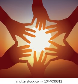 Concept of cohesion, with five outstretched hands forming a star, to symbolize commitment and team spirit.
