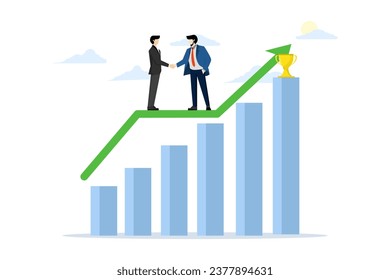 Concept of collaboration in achieving goals, partnership for revenue and profit growth, teamwork to achieve targets, motivation for success, two businessmen shaking hands on a growing graph arrow.