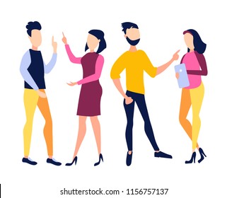 The concept of collaboration. Businessmen and managers discuss Finance and marketing, social networks, news, chat. Vector illustration, flat style for websites, Internet