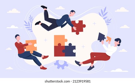 Concept of collaboration. Employees collect puzzles, teamwork. Colleagues and coworking. People work on one project to company development. Help and support. Cartoon flat vector illustration